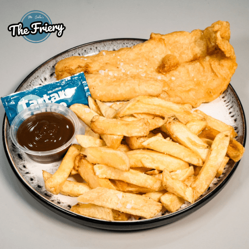 Crispy fish & chips served with sauce at The Friery in Edinburgh!