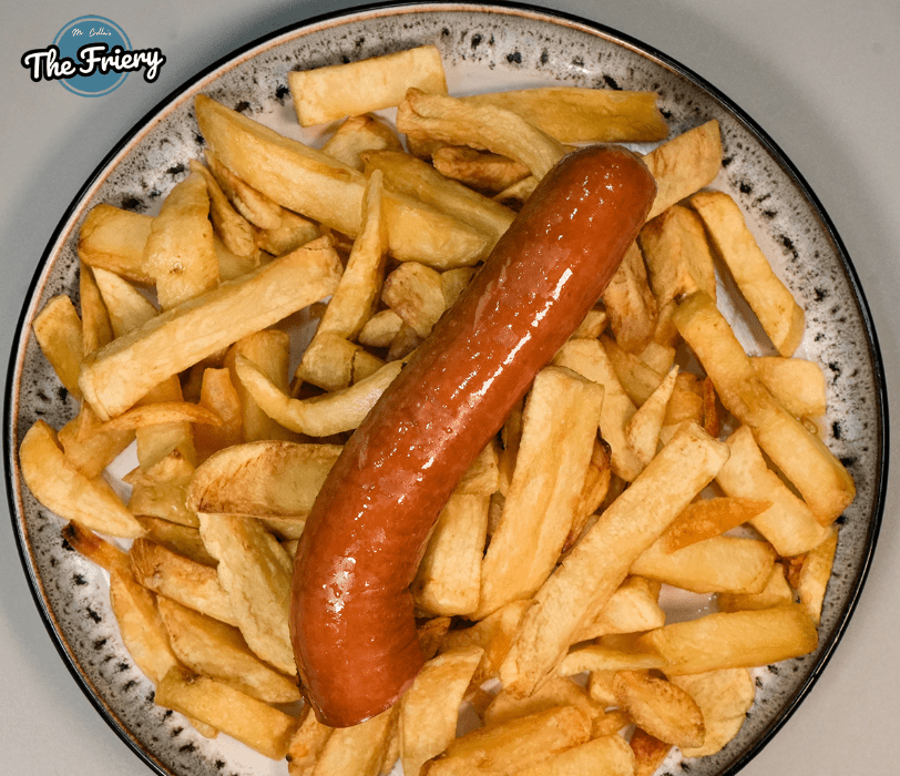 Jumbo sausage with chips served at The Friery in Edinburgh!